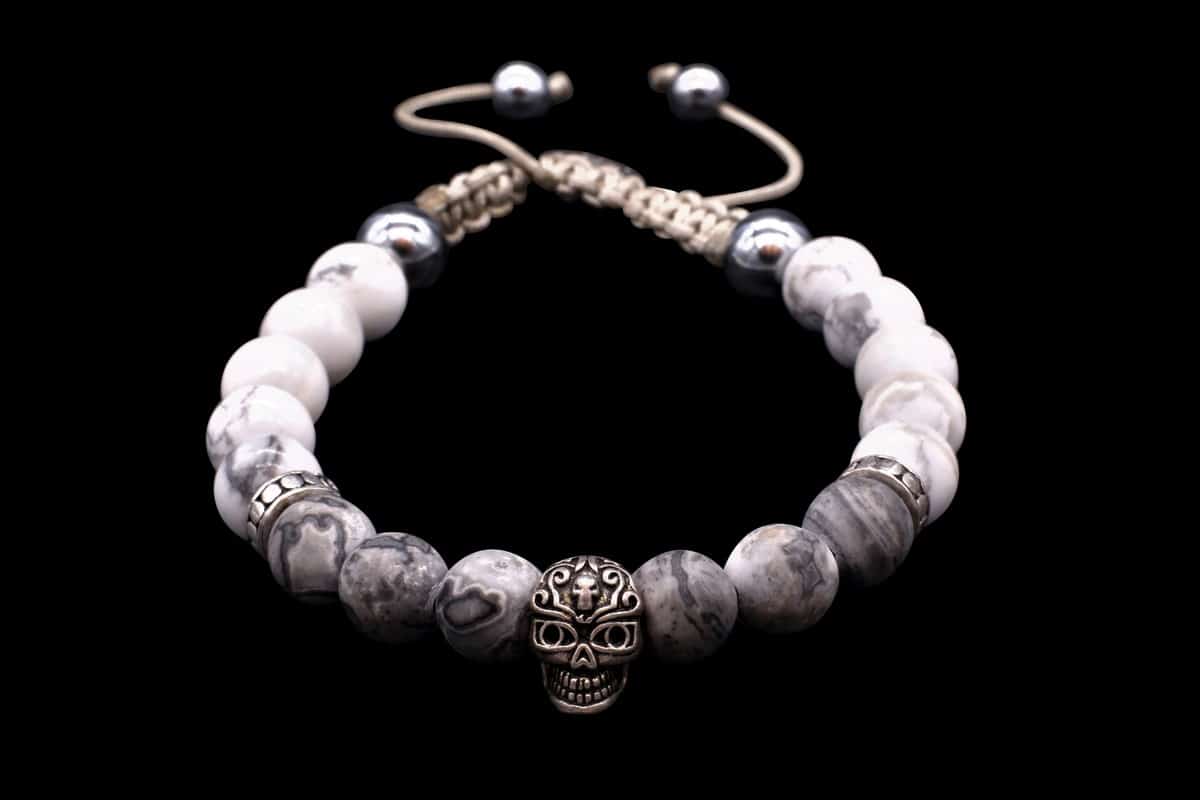 Bracelet Tête de mort, Argent, Howlite et Larvikite