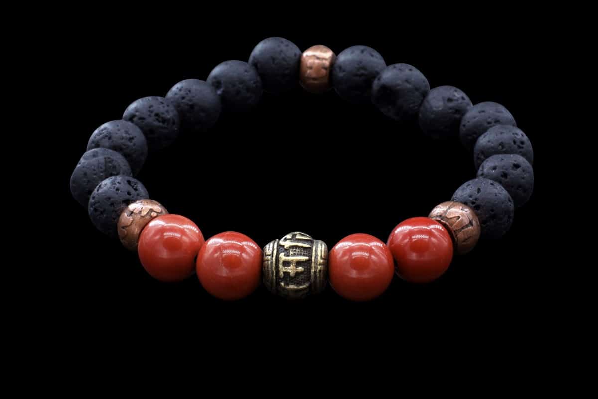 Bracelet Om Mani, Jaspe rouge et Laiton