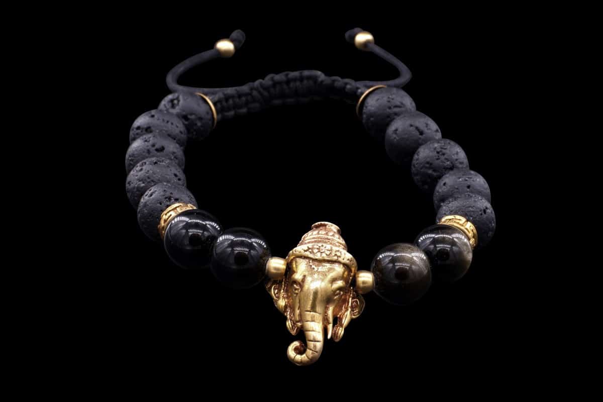 Bracelet Ganesh, Laiton, Pierre de lave et Onyx noir