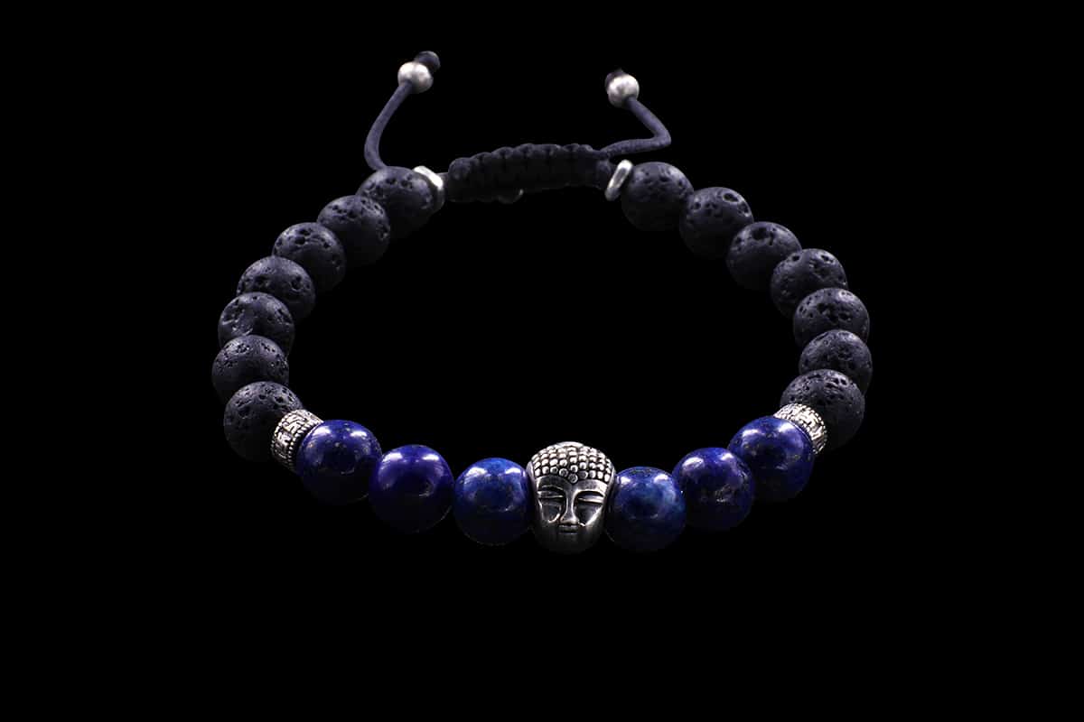 Bracelet tête de Bouddha en Argent, Pierre de lave et Lapis lazuli